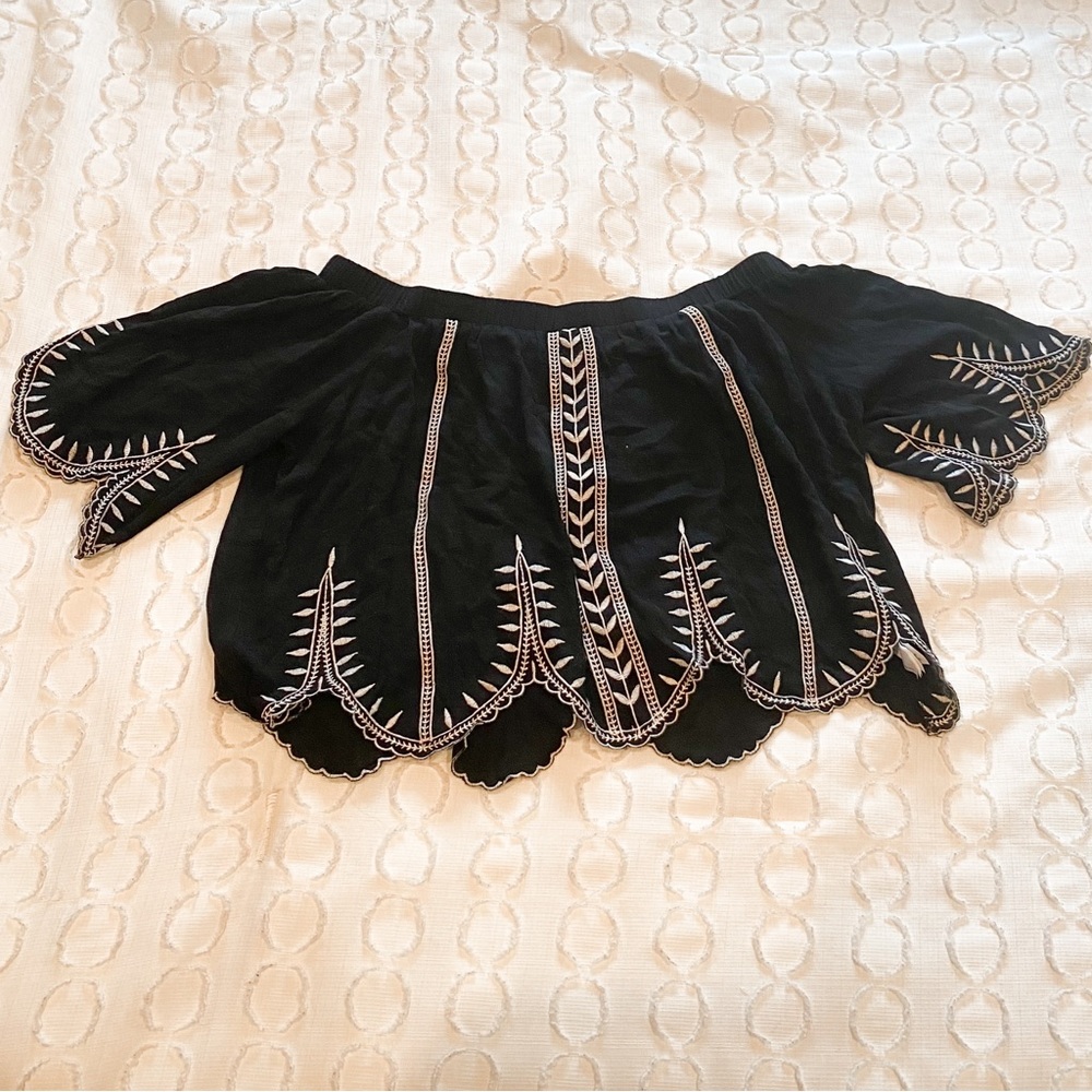 Forever 21 Black with White Embroidery Off the Shoulder Top